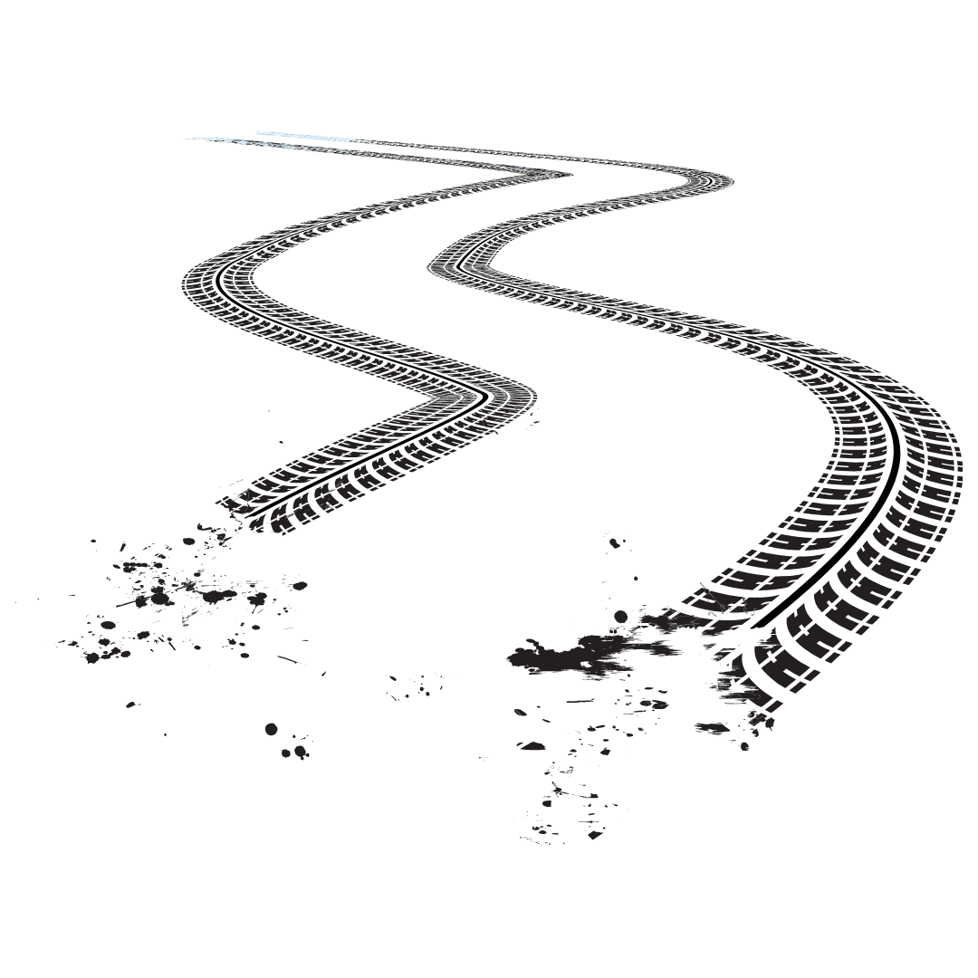 Illustrated tire tracks winding into the distance
