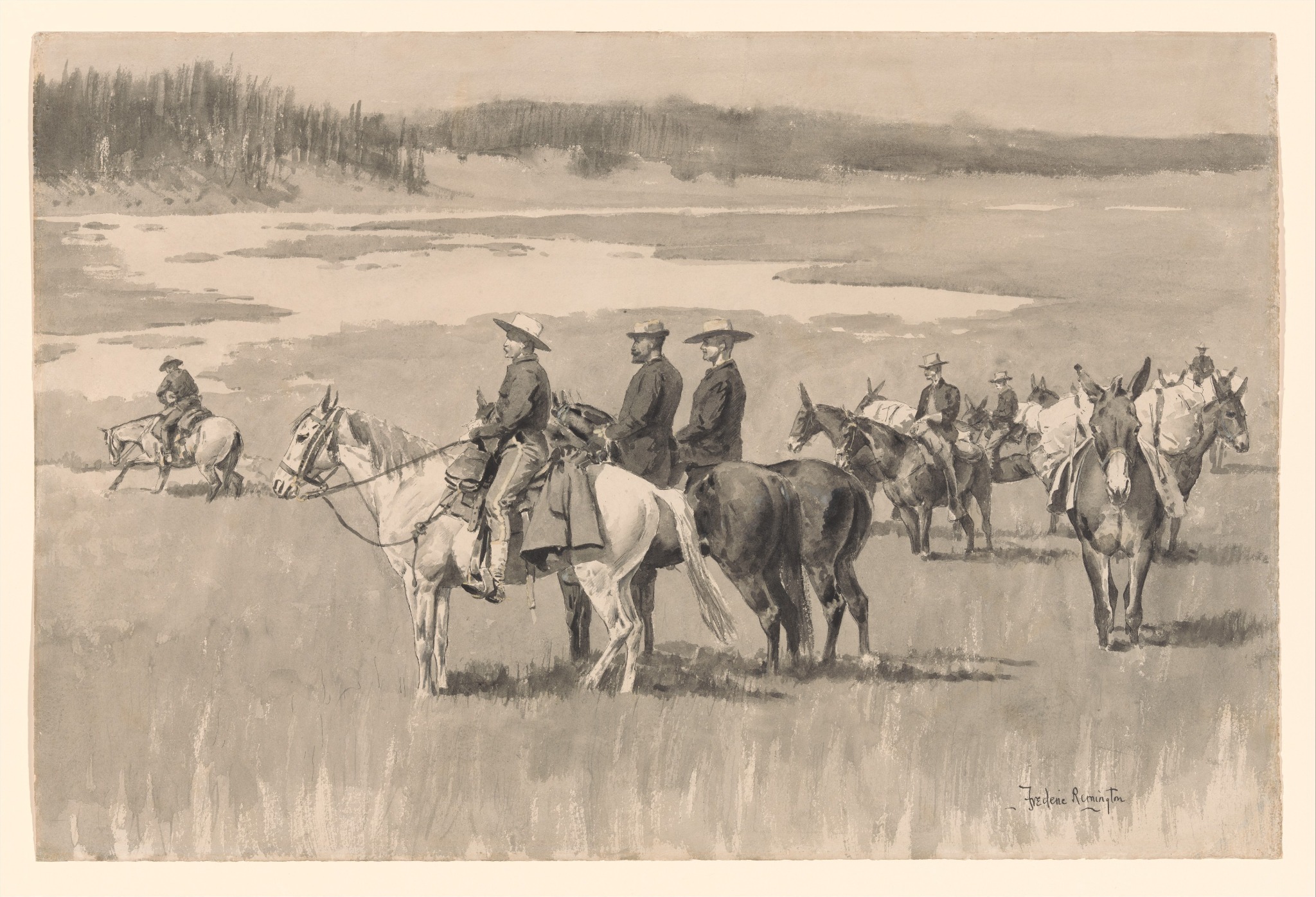 Sepia photograph of riders and horses by the water